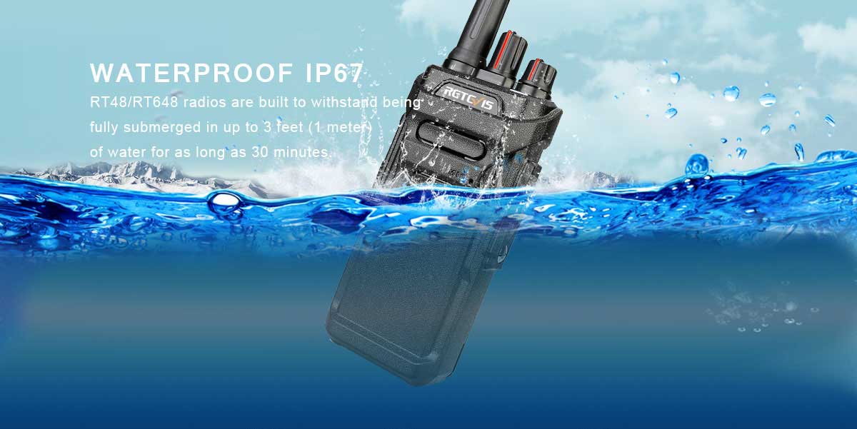 Retevis RT48 IP67 FRS business radio with USB charging base on work site