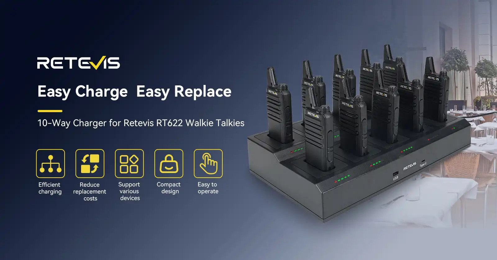 Retevis RT622 PMR446 Lightweight 2 Way Radio (10PCS) with 10-Way Charger Retevis RT622 PMR446 Lightweight 2 Way Radio (10PCS) with 10-Way Charger
