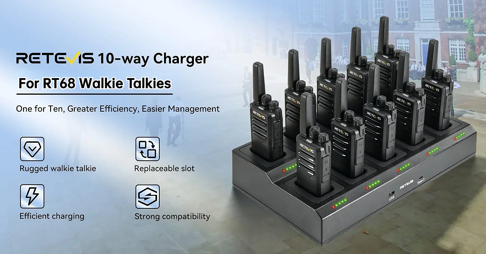 Retevis RT68 license free rugged 2 way radios 10pcs with 10-way charger