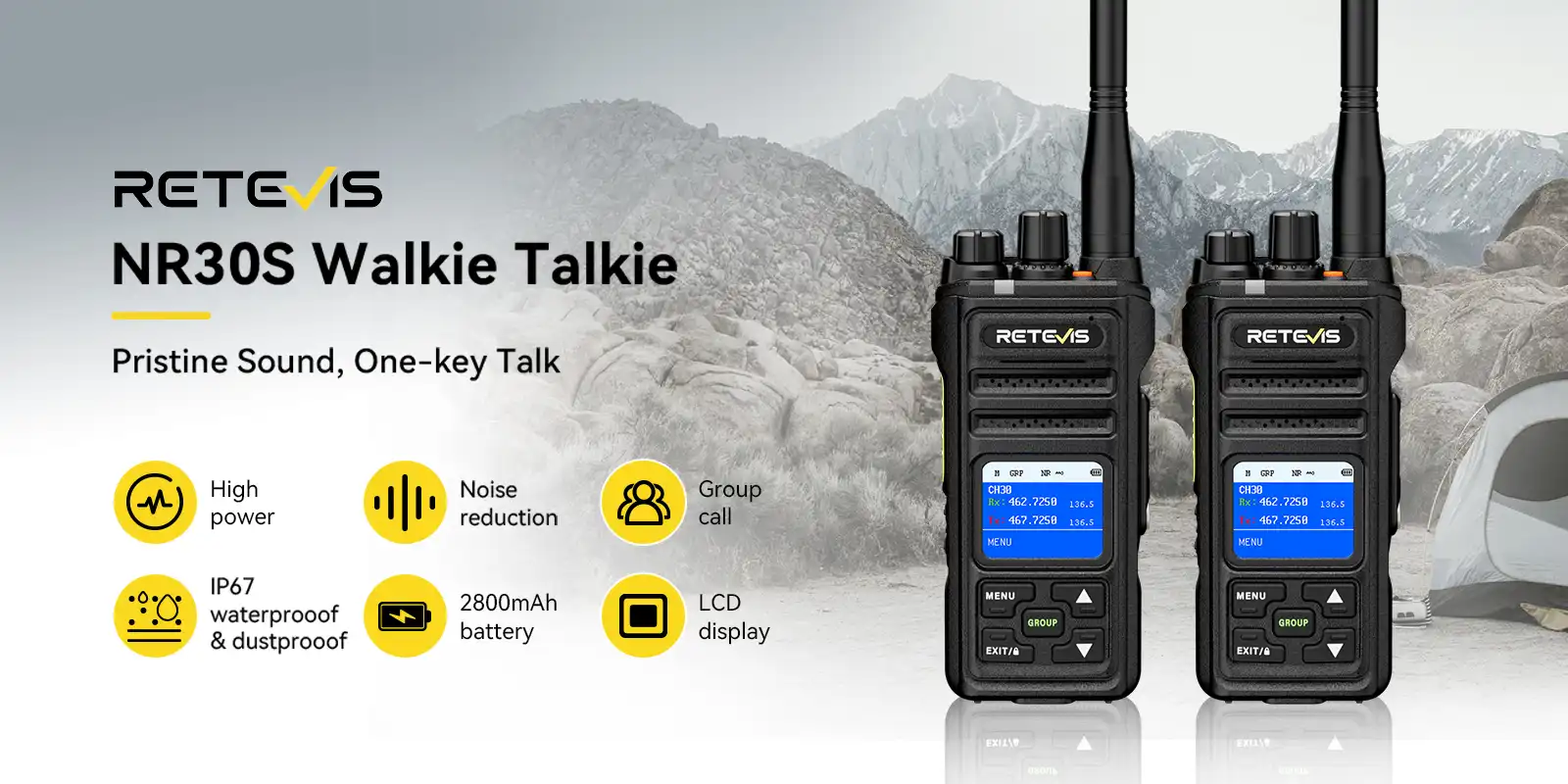retevis nr30s long range waterproof GMRS walkie talkie Retevis NR30S waterproof long range GMRS radio, front view with LCD display