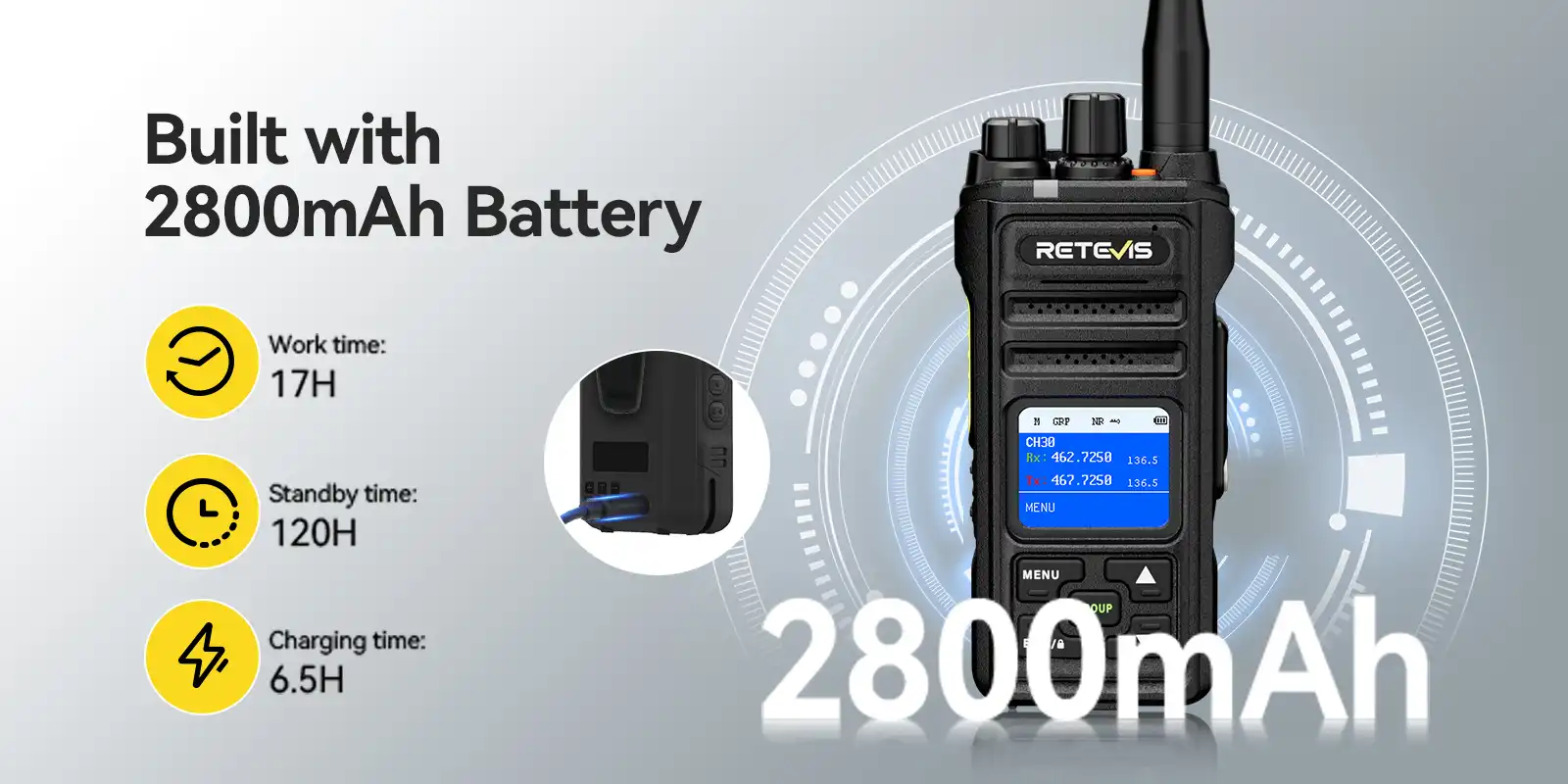 walkie talkie with large battery Retevis NR30S 2800mAh battery delivering 17 hours of talk time per shift