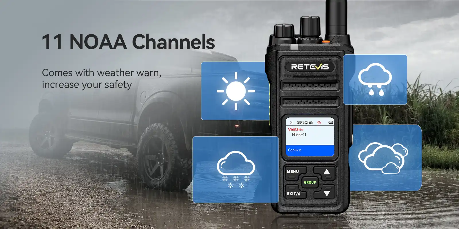 retevis nr30s gmrs radio with weather function Retevis NR30S GMRS radio showing 11 NOAA weather channels and storm alerts