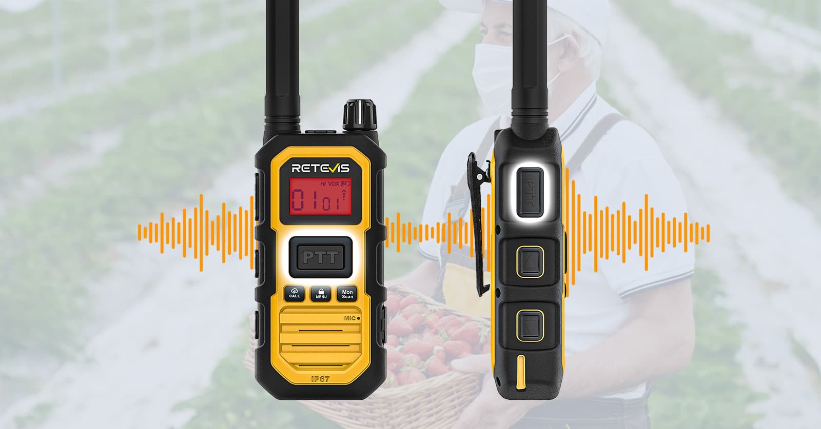Retevis RB48 Plus long range walkie talkie with dual PTT buttons for gloved hands