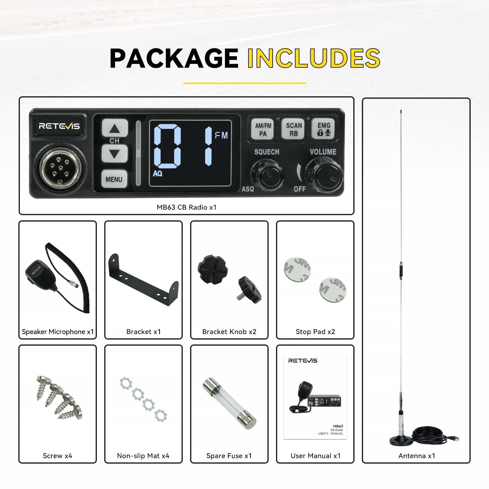 Retevis MB63 CB Radio with antenna package includes