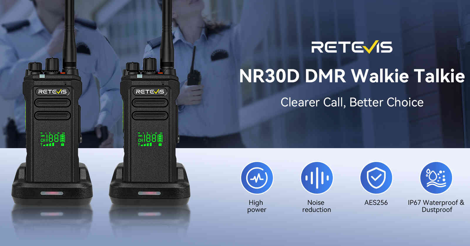 Retevis NR30D DMR security radio with IP67 waterproof rating and noise cancelling
