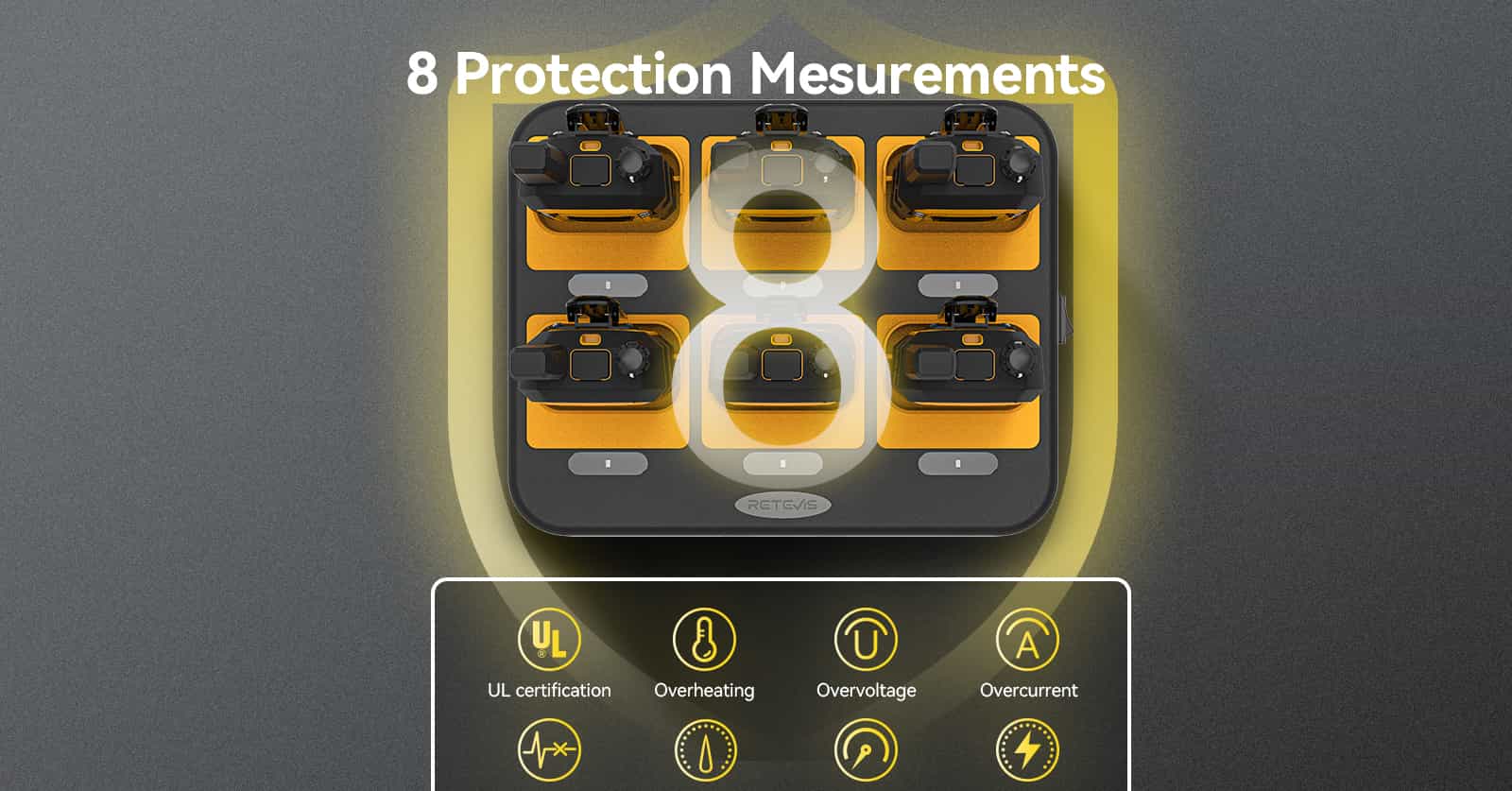 six-way charger docked with six RB48 two way radios