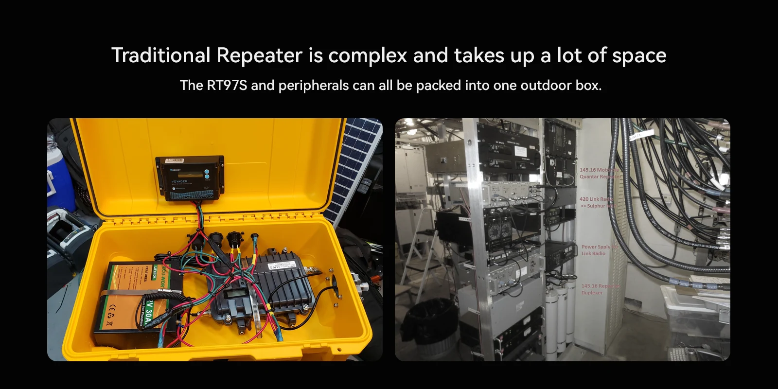 Retevis RT97S compact repeater versus traditional repeater that is complex and bulky