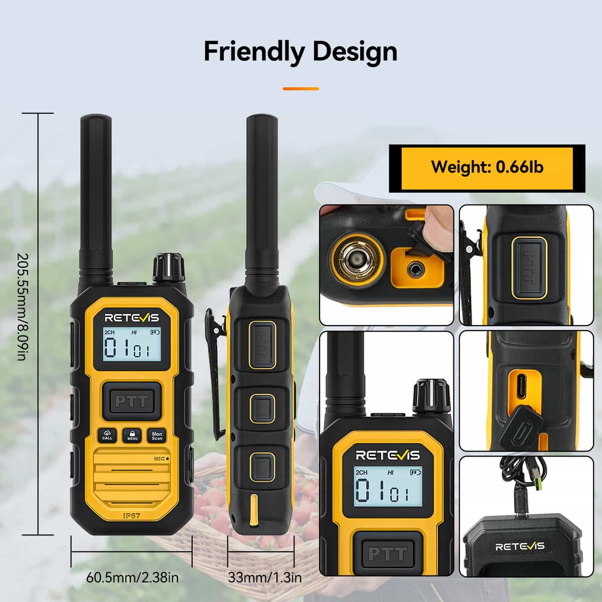 Retevis RB48 Plus IP67 GMRS walkie talkie with dual PTT for heavy duty job sites