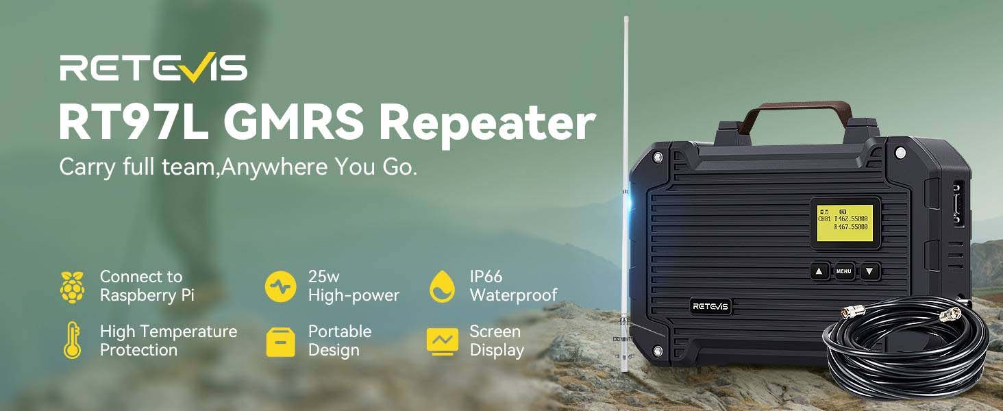 Retevis RT97L 25W GMRS Repeater Kit with FRP Antenna, Coaxial Cable, and Feature Icons