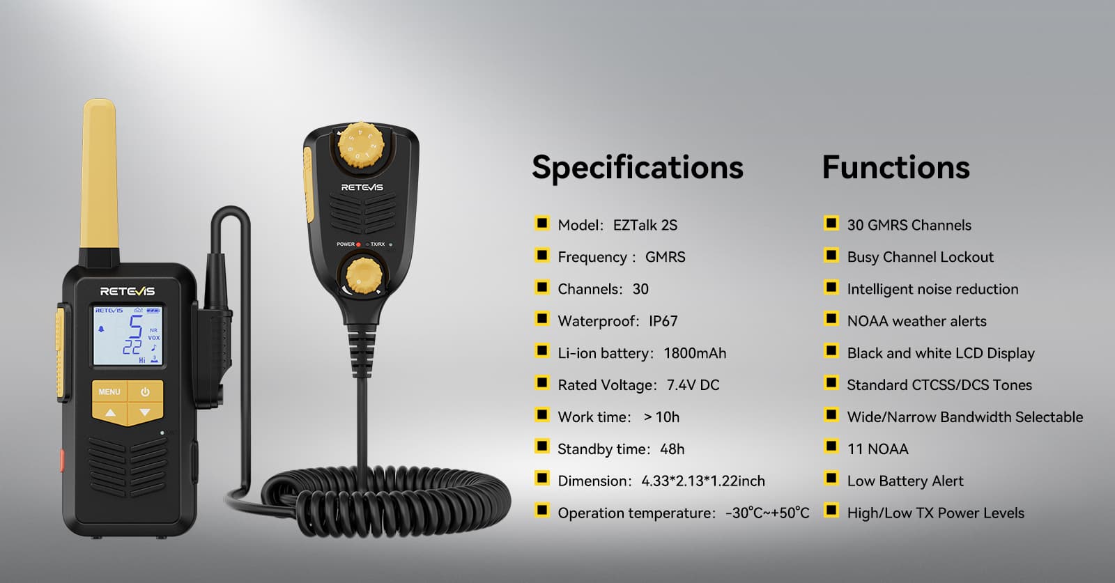 Retevis EZTalk 2S IP67 Waterproof 5W GMRS Walkie Talkie-Specifications Retevis EZTalk 2S IP67 Waterproof 5W GMRS Walkie Talkie-Specifications