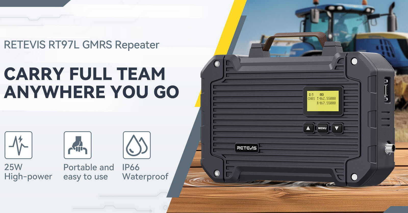 	Retevis RT97L 25W GMRS repeater for farms - IP66 waterproof portable radio repeater