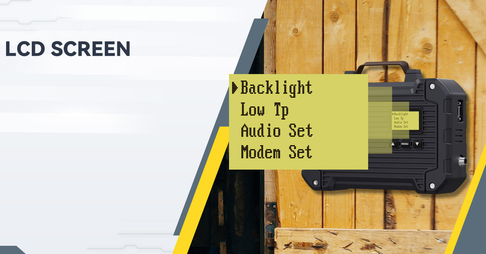 RT97L repeater LCD screen menu for backlight audio set and modem settings