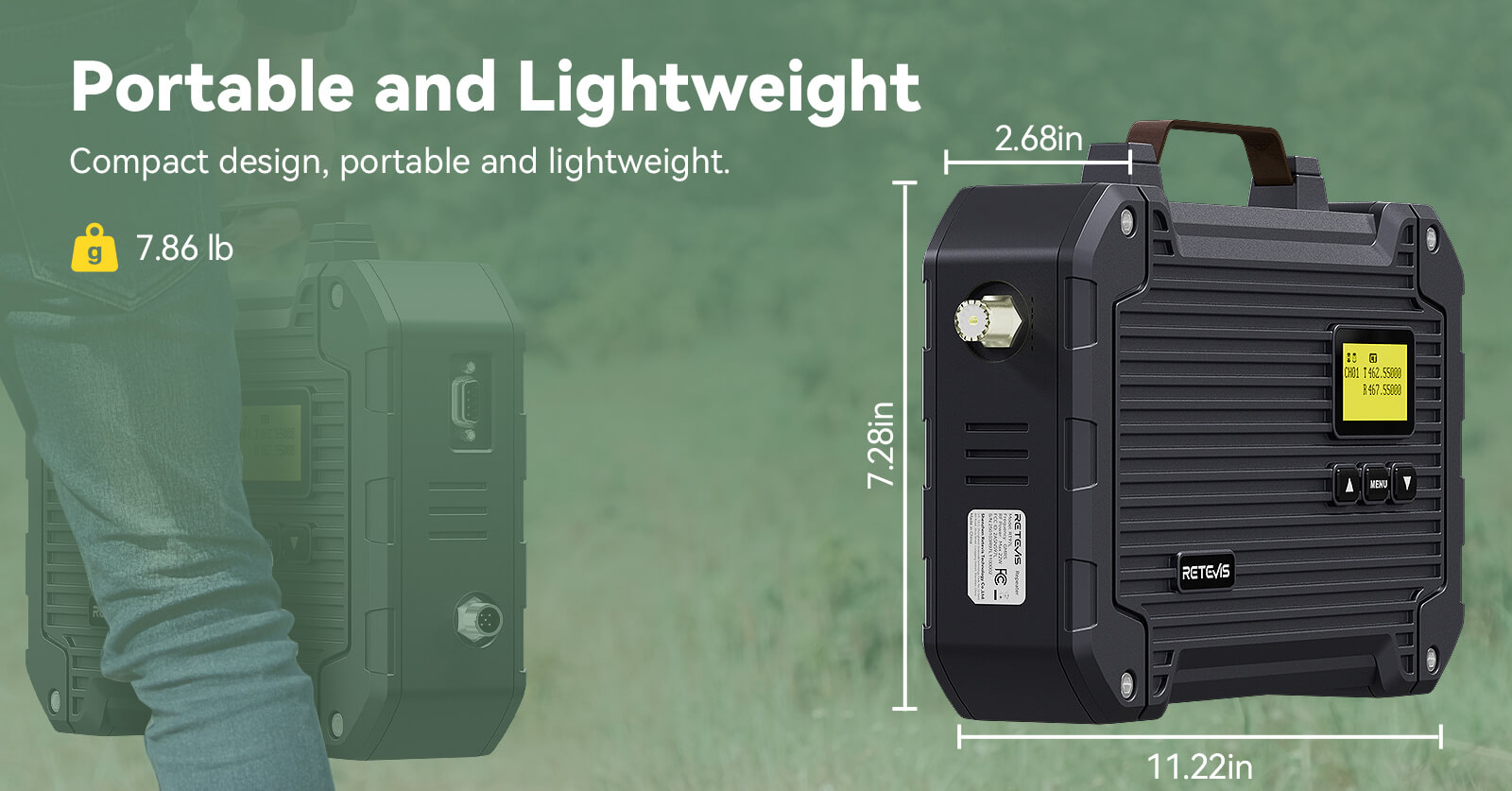 Retevis RT97L portable GMRS repeater dimensions 11.22 x 7.28 x 2.68 inches, 7.86 lb