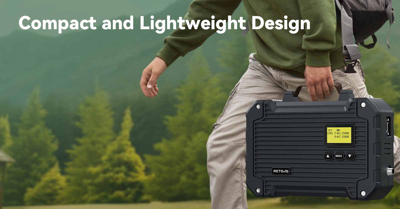 Retevis RT97L 25W Portable GMRS Repeater Carried by Handle in Mountain Scene