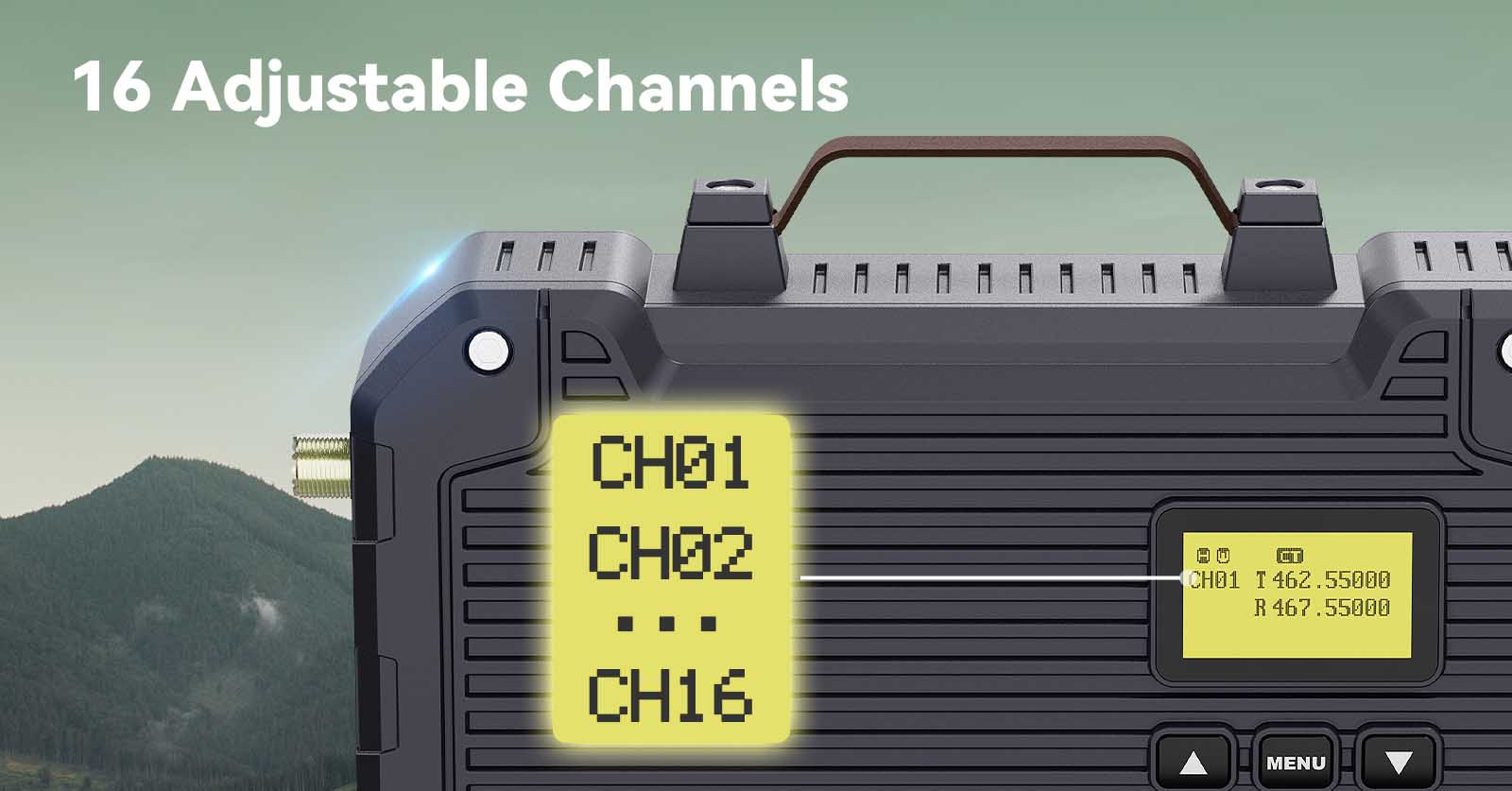 Retevis RT97L GMRS Repeater LCD Showing CH01 to CH16 Adjustable Channels