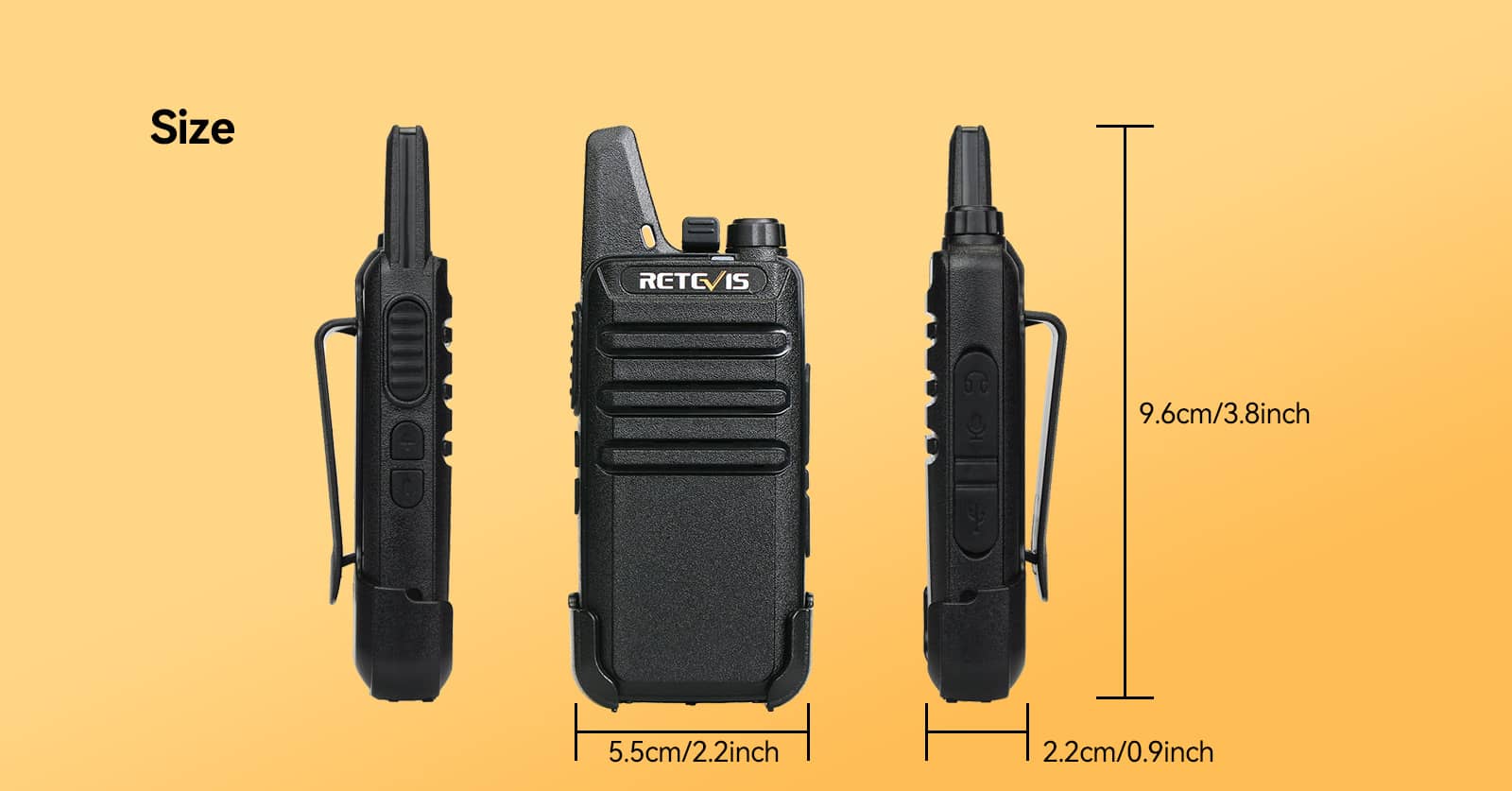 Size of Retevis RT22 walkie talkie