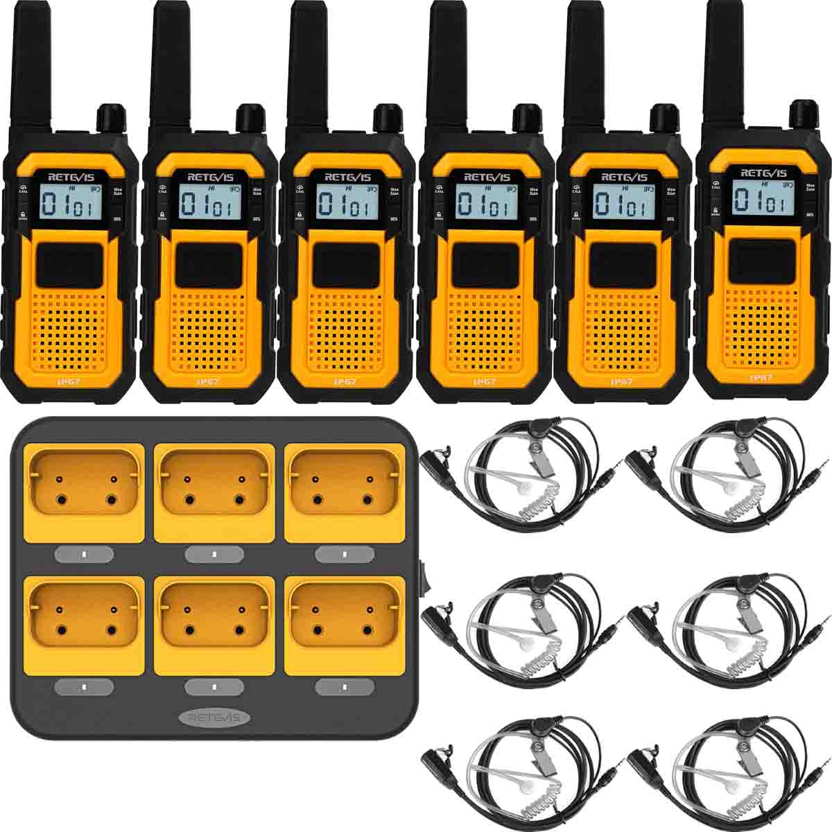  RB48 Waterproof Heavy Duty Two Way Radio 6 Pack with 6 Headsets Plus Gang Charger