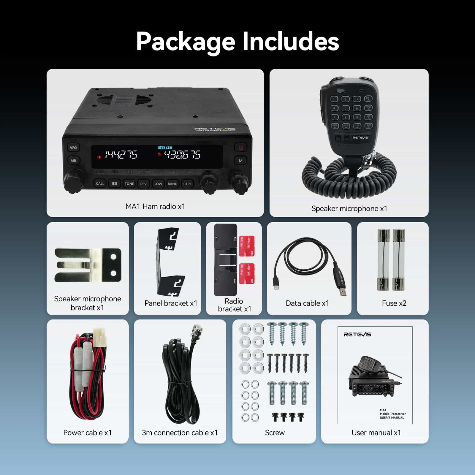 Retevis MA1 UHF VHF 50W High Power Amateur Ham Radio with Detachable Front Panel packega includes Retevis MA1 UHF VHF 50W High Power Amateur Ham Radio with Detachable Front Panel packega includes