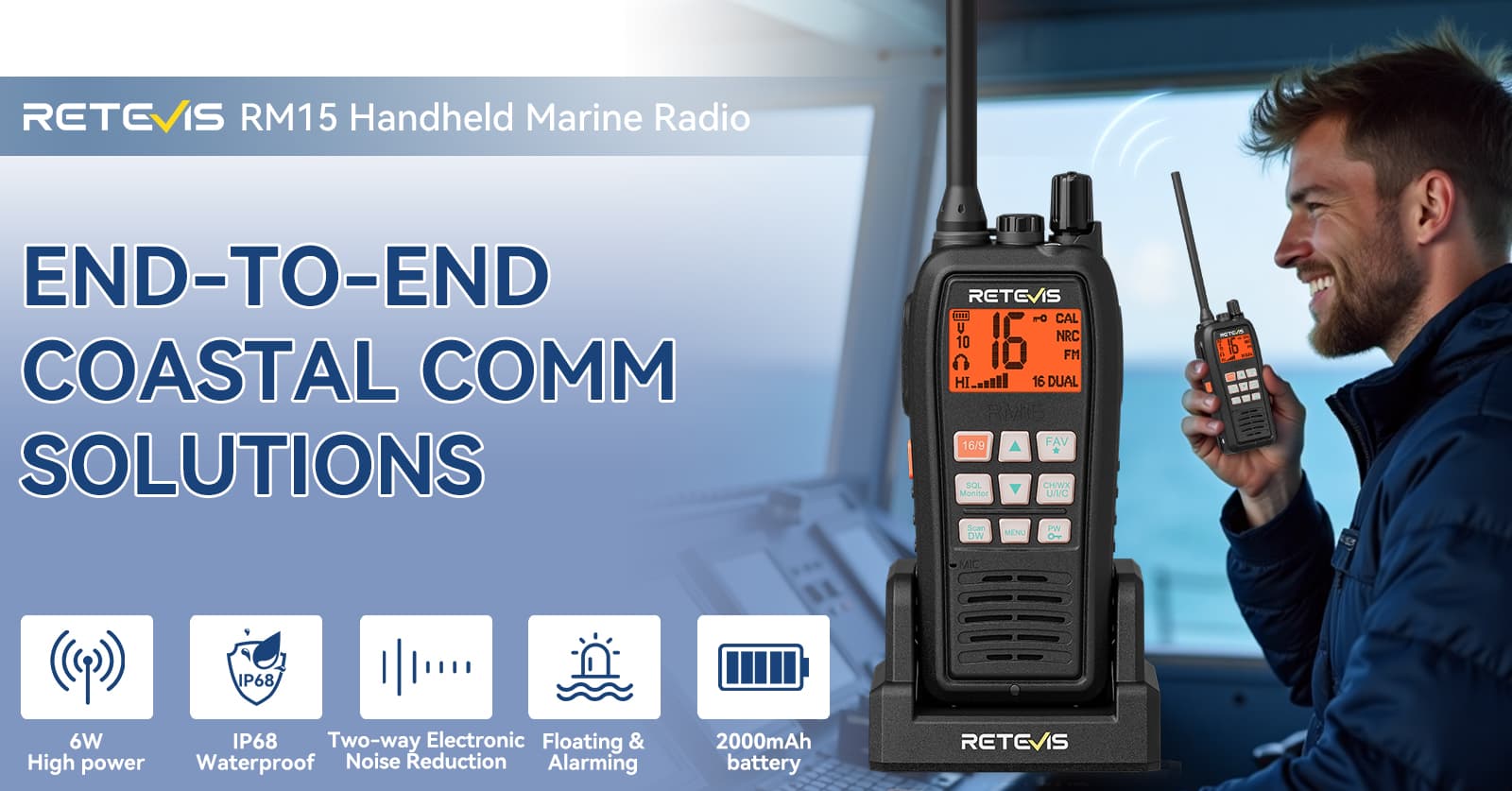 Retevis RM15 6W Handheld Floating IP68 VHF Marine Radio